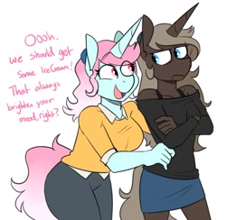 Size: 1633x1595 | Tagged: safe, artist:redxbacon, oc, oc only, oc:history quill, oc:parch well, unicorn, anthro, clothes, crossed arms, dialogue, eyelashes, hairband, hand, horn, pants, shirt, skirt, tail