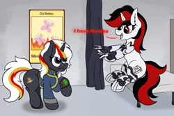 Size: 3000x1998 | Tagged: safe, artist:aaathebap, oc, oc only, oc:blackjack, oc:velvet remedy, cyborg, pony, unicorn, fallout equestria, fallout equestria: project horizons, amputee, bed, clothes, cybernetic legs, fallout, fanfic art, finger, fingers, horn, hospital, hospital bed, jumpsuit, mechanical hands, ministry of peace, pipbuck, thumbs, unicorn oc, vault suit