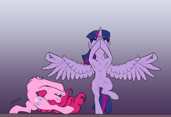 Size: 5917x4039 | Tagged: safe, artist:xbi, pinkie pie, twilight sparkle, alicorn, earth pony, pony, g4, 30 minute art challenge finished after, action pose, armpits, backbend, balance, belly, bipedal, duo, fit, flexible, gradient background, slender, standing, standing on one leg, stretching, thin, twilight sparkle (alicorn), wing gesture, wing hands, wings, yoga