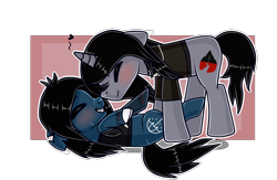 Size: 2000x1301 | Tagged: safe, artist:cutedevil, earth pony, pony, undead, unicorn, zombie, zombie pony, blushing, bone, bring me the horizon, clothes, commission, disguise, disguised siren, eyes closed, fangs, floppy ears, gay, grin, heart, horn, jewelry, kellin quinn, lip piercing, male, necklace, nuzzling, oliver sykes, on back, piercing, ponified, scar, shipping, shirt, simple background, sleeping with sirens, smiling, stallion, stitches, t-shirt, tattoo, torn ear, transparent background, ych result