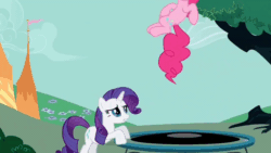 Size: 1280x720 | Tagged: safe, screencap, pinkie pie, rarity, earth pony, pony, unicorn, g4, season 1, the best night ever, animated, bouncing, cartoon physics, duo, eyes closed, eyeshadow, female, happy, in which pinkie pie forgets how to gravity, jumping, makeup, pinkie being pinkie, pinkie physics, pronking, smiling, trampoline