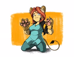 Size: 2048x1636 | Tagged: safe, artist:doktor-d, sunset shimmer, equestria girls, g4, :3, animal costume, blouse, cat costume, clothes, costume, female, jacket, jeans, kneeling, nyanset shimmer, pants, paw gloves, paw pads, paws, solo