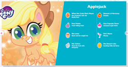 Size: 1437x751 | Tagged: safe, applejack, earth pony, pony, g4.5, my little pony: pony life, official, bio, female, mare, mouth hold, profile, solo