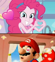 Size: 1117x1254 | Tagged: safe, artist:eddazzling81, edit, edited screencap, screencap, pinkie pie, human, equestria girls, g4, my little pony equestria girls: better together, the craft of cookies, crossover, crossover shipping, female, heart, heart eyes, heart hands, male, mario, mariopie, nintendo, shipping, smiling, straight, super mario bros., super mario sunshine, wingding eyes