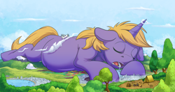 Size: 5000x2631 | Tagged: safe, artist:tsitra360, oc, oc only, oc:aether lux, oc:pan sizzle, oc:snap fable, earth pony, pony, unicorn, belly, chubby, city, cloud, cosmic wizard, destruction, drool, eyes closed, floppy ears, giant pony, high res, macro, male, mega giant, micro, open mouth, scenery, stallion, tree, water, wizard