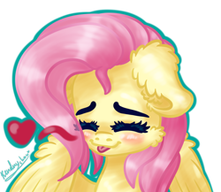 Size: 1500x1300 | Tagged: safe, artist:kindny-chan, fluttershy, pegasus, pony, g4, :p, bust, cheek fluff, cute, ear fluff, eyes closed, female, floating heart, floppy ears, heart, mare, portrait, shyabetes, simple background, smiling, solo, tongue out, transparent background