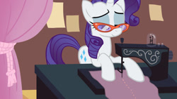 Size: 673x379 | Tagged: safe, artist:vanripper, rarity, pony, unicorn, fanfic:like fine wine, g4, animated at source, curtains, fabric, fanfic, female, flash, glasses, mare, rarity's glasses, sewing machine, solo