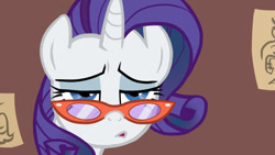 Size: 673x379 | Tagged: safe, artist:vanripper, rarity, pony, unicorn, fanfic:like fine wine, g4, animated at source, bust, fanfic, female, flash, glasses, looking at you, mare, portrait, rarity's glasses, solo, tired