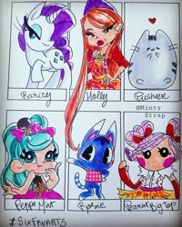 Size: 1080x1350 | Tagged: safe, artist:mintystrap, rarity, cat, human, pony, unicorn, anthro, g4, animal crossing, anthro with ponies, bedroom eyes, chibi, clothes, crossover, dancing, female, heart, lalaloopsy, makeup, mare, plushie, pusheen, raised hoof, rosie (animal crossing), six fanarts, traditional art