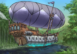 Size: 3508x2480 | Tagged: safe, artist:joeduncan, bat pony, fanfic:diaries of a madman, airship, high res, jungle, river