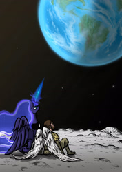 Size: 2480x3508 | Tagged: safe, artist:joeduncan, princess luna, oc, oc:navarone, fanfic:diaries of a madman, g4, earth, high res, magic, moon, space, stars, this will end in tears