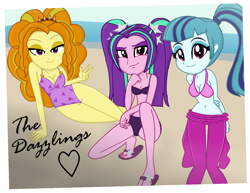Size: 1692x1309 | Tagged: safe, artist:charliexe, artist:grapefruitface1, adagio dazzle, aria blaze, sonata dusk, equestria girls, g4, base used, beach, bedroom eyes, belly button, bikini, breasts, cleavage, clothes, feet, female, heel pop, lidded eyes, looking at you, midriff, pigtails, ponytail, sandals, show accurate, smiling, smiling at you, swimsuit, the dazzlings, trio, trio female, twintails