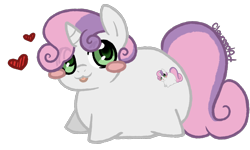 Size: 2000x1200 | Tagged: safe, artist:cloureed, sweetie belle, pony, unicorn, g4, :3, :p, alternate cutie mark, blush sticker, blushing, chibi, cute, diasweetes, female, filly, floating heart, heart, meme, round, simple background, solo, tongue out, transparent background