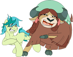 Size: 1051x829 | Tagged: safe, artist:bennimarru, sandbar, yona, earth pony, pony, yak, g4, blushing, bow, cloven hooves, colored, dancing, female, flat colors, hair bow, male, monkey swings, open mouth, ship:yonabar, shipping, simple background, smiling, straight, transparent background