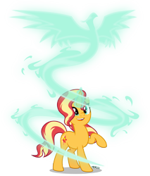 Size: 4000x4705 | Tagged: safe, artist:orin331, sunset shimmer, phoenix, pony, unicorn, g4, absurd resolution, cute, female, glowing horn, horn, looking up, magic, mare, open mouth, raised hoof, shimmerbetes, simple background, smiling, spirit, transparent background