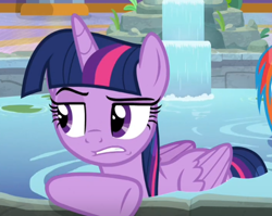 Size: 554x441 | Tagged: safe, screencap, twilight sparkle, alicorn, pony, deep tissue memories, g4, my little pony: friendship is forever, annoyed, cropped, female, folded wings, mare, solo, swimming pool, twilight sparkle (alicorn), twilight sparkle is not amused, unamused, water, wings