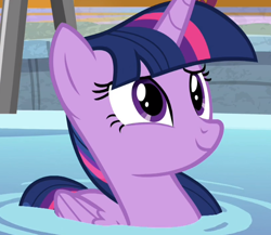 Size: 644x559 | Tagged: safe, screencap, twilight sparkle, alicorn, pony, deep tissue memories, g4, my little pony: friendship is forever, cropped, cute, female, folded wings, mare, smiling, solo, swimming pool, twiabetes, twilight duckle, twilight sparkle (alicorn), water, wings