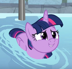 Size: 431x412 | Tagged: safe, screencap, twilight sparkle, alicorn, pony, deep tissue memories, g4, spoiler:deep tissue memories, spoiler:mlp friendship is forever, cropped, cute, female, folded wings, mare, smiling, solo, swimming pool, twiabetes, twilight duckle, twilight sparkle (alicorn), water, weapons-grade cute, wings