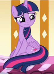 Size: 291x402 | Tagged: safe, screencap, twilight sparkle, alicorn, pony, deep tissue memories, g4, my little pony: friendship is forever, cropped, female, folded wings, frown, looking down, mare, sad, sitting, solo, twilight sparkle (alicorn), wings