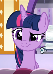 Size: 388x535 | Tagged: safe, screencap, twilight sparkle, alicorn, pony, deep tissue memories, g4, my little pony: friendship is forever, cropped, cute, female, mare, raised eyebrow, smiling, smirk, solo, twiabetes, twilight sparkle (alicorn)