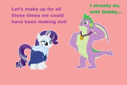 Size: 1362x916 | Tagged: safe, artist:pottedphyllis, gabby, rarity, spike, dragon, pony, unicorn, g4, the last problem, female, implied shipping, implied spabby, implied straight, male, older, older rarity, older spike, pink background, shipping denied, simple background, winged spike, wings