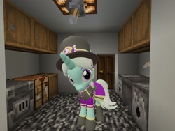 Size: 2048x1536 | Tagged: safe, artist:topsangtheman, cornetta, pony, unicorn, g4, 3d, clothes, female, hat, house, kitchen, looking at you, minecraft, photoshopped into minecraft, solo, source filmmaker, uniform