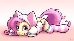 Size: 4000x2250 | Tagged: safe, artist:ohemo, fluttershy, pegasus, pony, g4, cat hoodie, clothes, cute, female, fluttercat, high res, hoodie, looking at you, mare, prone, shyabetes, socks, solo, striped socks