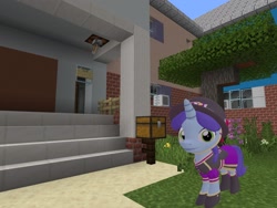Size: 2048x1536 | Tagged: safe, artist:topsangtheman, spring rain, pony, unicorn, g4, 3d, clothes, female, hat, house, looking at you, minecraft, photoshopped into minecraft, solo, source filmmaker, tree, uniform