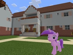 Size: 2048x1536 | Tagged: safe, artist:topsangtheman, amethyst star, sparkler, pony, unicorn, g4, 3d, female, house, looking at you, minecraft, photoshopped into minecraft, solo, source filmmaker
