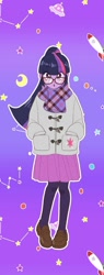 Size: 549x1448 | Tagged: safe, artist:amedama_fm, sci-twi, twilight sparkle, equestria girls, g4, clothes, coat, cute, female, glasses, hand in pocket, looking at you, open mouth, ponytail, scarf, socks, solo, twiabetes