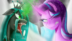 Size: 3840x2160 | Tagged: safe, artist:flaxen's art corner, queen chrysalis, starlight glimmer, changeling, changeling queen, pony, unicorn, g4, confrontation, female, glowing horn, high res, horn, magic, snow, starlight vs chrysalis