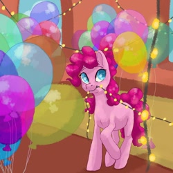Size: 1280x1280 | Tagged: safe, artist:shaslan, pinkie pie, earth pony, pony, g4, balloon, colored pupils, cute, diapinkes, fairy lights, female, lights, mare, missing cutie mark, mouth hold, solo