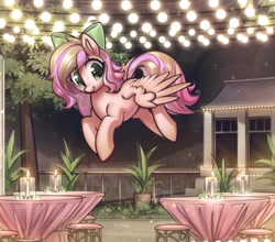 Size: 2897x2547 | Tagged: safe, artist:mirroredsea, oc, oc only, oc:iridescent flings, pegasus, pony, g4, bow, candle, commission, female, flying, high res, mare, night, smiling, solo, spread wings, stool, table, wings