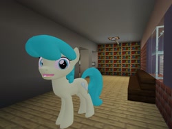 Size: 2048x1536 | Tagged: safe, artist:topsangtheman, green jewel, earth pony, pony, g4, 3d, bookshelf, female, house, living room, looking at you, minecraft, open mouth, photoshopped into minecraft, solo, source filmmaker