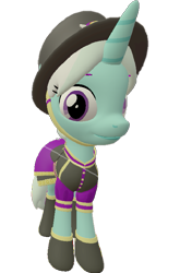 Size: 475x720 | Tagged: safe, artist:topsangtheman, cornetta, pony, unicorn, g4, 3d, aside glance, clothes, female, hat, looking at you, simple background, solo, source filmmaker, transparent background, uniform