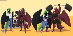 Size: 4000x2000 | Tagged: safe, artist:malificus, oc, oc only, oc:dusk bright, oc:masquerade, pegasus, anthro, amulet, armpits, barbell, clothes, jewelry, midriff, muscle growth, potion, smug, sports bra, super strength, torn clothes, weight lifting, weights, yawn