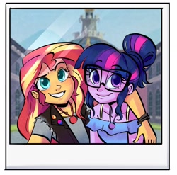 Size: 1886x1867 | Tagged: safe, artist:ohjeetorig, sci-twi, sunset shimmer, twilight sparkle, human, equestria girls, g4, bisexual pride flag, canterlot high, clothes, dress, duo, female, jewelry, lesbian, necklace, official fan art, pride, pride flag, ship:sci-twishimmer, ship:sunsetsparkle, shipping, shirt, sunset shimmer is bisexual, vest