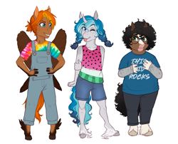 Size: 2887x2336 | Tagged: safe, artist:askbubblelee, oc, oc:bubble lee, oc:singe, oc:walter nutt, earth pony, pegasus, unicorn, anthro, unguligrade anthro, anthro oc, body freckles, clothes, colt, digital art, earth pony oc, female, filly, freckles, high res, horn, male, pegasus oc, shirt, shoulder freckles, trio, unicorn oc, unshorn fetlocks, wings, younger