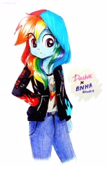 Size: 2156x3477 | Tagged: safe, artist:liaaqila, rainbow dash, equestria girls, g4, anime, clothes, crossover, high res, hoodie, jacket, my hero academia, pants, rainbow dash always dresses in style, signature, traditional art