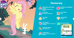Size: 1401x720 | Tagged: safe, angel bunny, fluttershy, gummy, spike, pegasus, pony, g4, official, bio, carrot, food, my little pony, profile, rainbow power