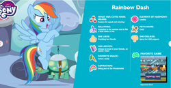 Size: 1400x721 | Tagged: safe, rainbow dash, tank, winona, dog, pegasus, pony, g4, official, bio, my little pony logo, profile, rainbow power