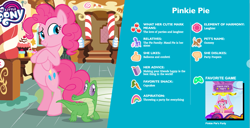 Size: 1401x719 | Tagged: safe, gummy, pinkie pie, earth pony, pony, g4, official, bio, rainbow power