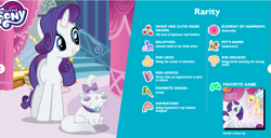 Size: 1399x719 | Tagged: safe, applejack, fluttershy, opalescence, rarity, sweetie belle, winona, human, pegasus, pony, unicorn, g4, official, bio, carrot, caviar, food, my little pony logo, ponies eating meat, ponies eating seafood, profile, rainbow, seafood