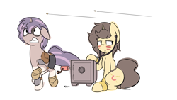 Size: 2800x1575 | Tagged: safe, artist:triplesevens, oc, oc only, oc:short fuse, oc:triple sevens, pony, unicorn, bullet, drill, duo, loincloth, male, running away, simple background, sitting, stethoscope