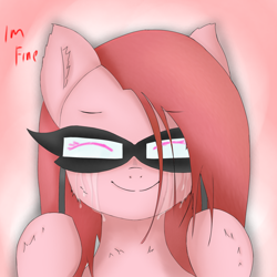 Size: 2000x2000 | Tagged: safe, derpibooru exclusive, pinkie pie, earth pony, pony, g4, bust, crying, female, high res, hoof hold, mare, mask, pinkamena diane pie, smiling, solo, talking