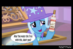 Size: 1288x858 | Tagged: safe, edit, edited screencap, editor:teren rogriss, screencap, trixie, pony, unicorn, g4, the ending of the end, alcohol, bottle, cape, clothes, hat, school of friendship, stolichnaya, trixie's cape, trixie's hat, vodka