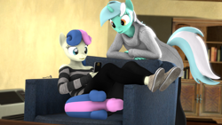 Size: 1920x1080 | Tagged: safe, artist:spinostud, bon bon, lyra heartstrings, sweetie drops, earth pony, anthro, plantigrade anthro, g4, 3d, clothes, female, lesbian, phone, ship:lyrabon, shipping, sweater
