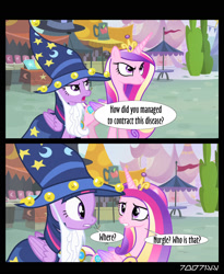 Size: 1288x1572 | Tagged: safe, edit, edited screencap, editor:teren rogriss, screencap, princess cadance, twilight sparkle, alicorn, pony, g4, three's a crowd, blue flu, duo, fake beard, grammar error, implied discord, implied warhammer 40000, offscreen character, ponyville, sisters-in-law, star swirl the bearded costume, twilight sparkle (alicorn)