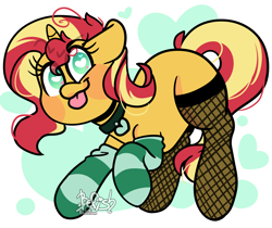 Size: 3000x2520 | Tagged: safe, artist:befishproductions, sunset shimmer, pony, unicorn, g4, :p, clothes, collar, cute, female, fishnet stockings, heart eyes, high res, jewelry, looking at you, pendant, shimmerbetes, socks, solo, striped socks, tongue out, wingding eyes
