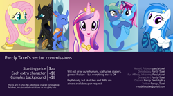 Size: 9000x5000 | Tagged: safe, artist:parclytaxel, fluttershy, princess cadance, oc, oc:mordyling, oc:nova spark, oc:ocelli, oc:parcly taxel, oc:winter white, alicorn, changedling, changeling, genie, genie pony, lamia, monster pony, original species, pegasus, pony, tatzlpony, ain't never had friends like us, albumin flask, g4, .svg available, absurd resolution, advertisement, alicorn oc, changedling oc, changeling hive, changeling oc, clothes, commission info, female, flower, flower in hair, horn, hug, looking at you, magic, male, mare, open mouth, rearing, smiling, socks, striped socks, vector, wings